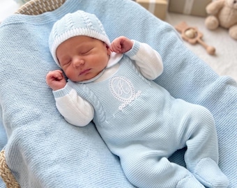 Gebreid katoen pasgeboren jongen eerste outfit Spaanse pasgeboren ziekenhuis gebreide set Peto Primera Puesta kleding baby footie embarazada bebe