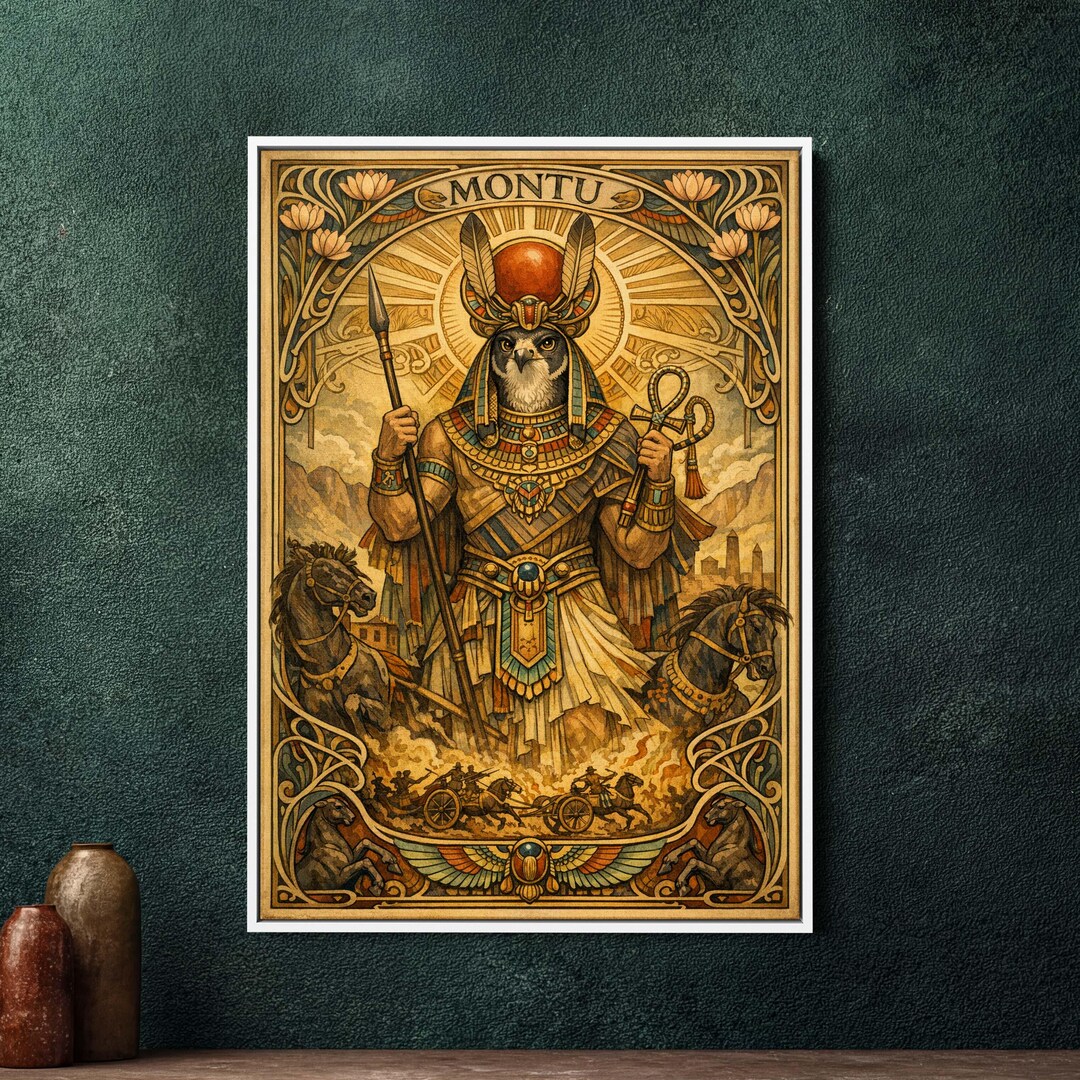 Montu Egyptian God Art Nouveau Framed Canvas Print, Large Mythology ...