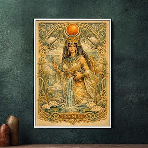 May include: Art Nouveau style print of Tefnut, an Egyptian goddess. She is depicted with a lion headdress, holding an ankh and pouring water. The artwork features a warm color palette with gold, beige, and blue accents. The word "TEFNUT" is at the bottom.