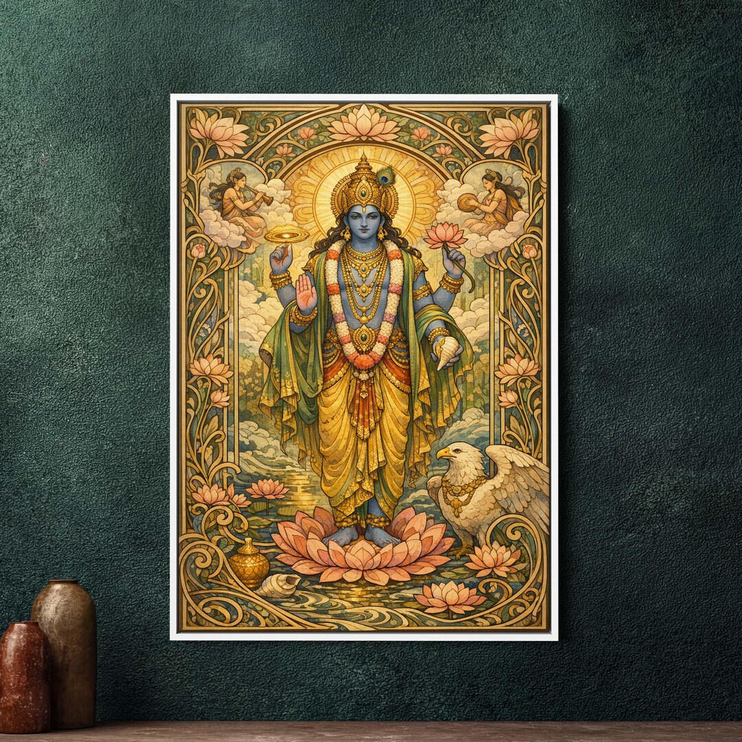 Vishnu Art Nouveau Framed Canvas, Large Hindu God Wall Art, Art Nouveau ...