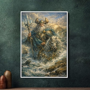 May include: A framed print depicting a mythological figure riding a white horse through turbulent waters. The figure, adorned in gold armor and a blue cloak, holds a trident. The background features a seascape with a ship and a classical building.