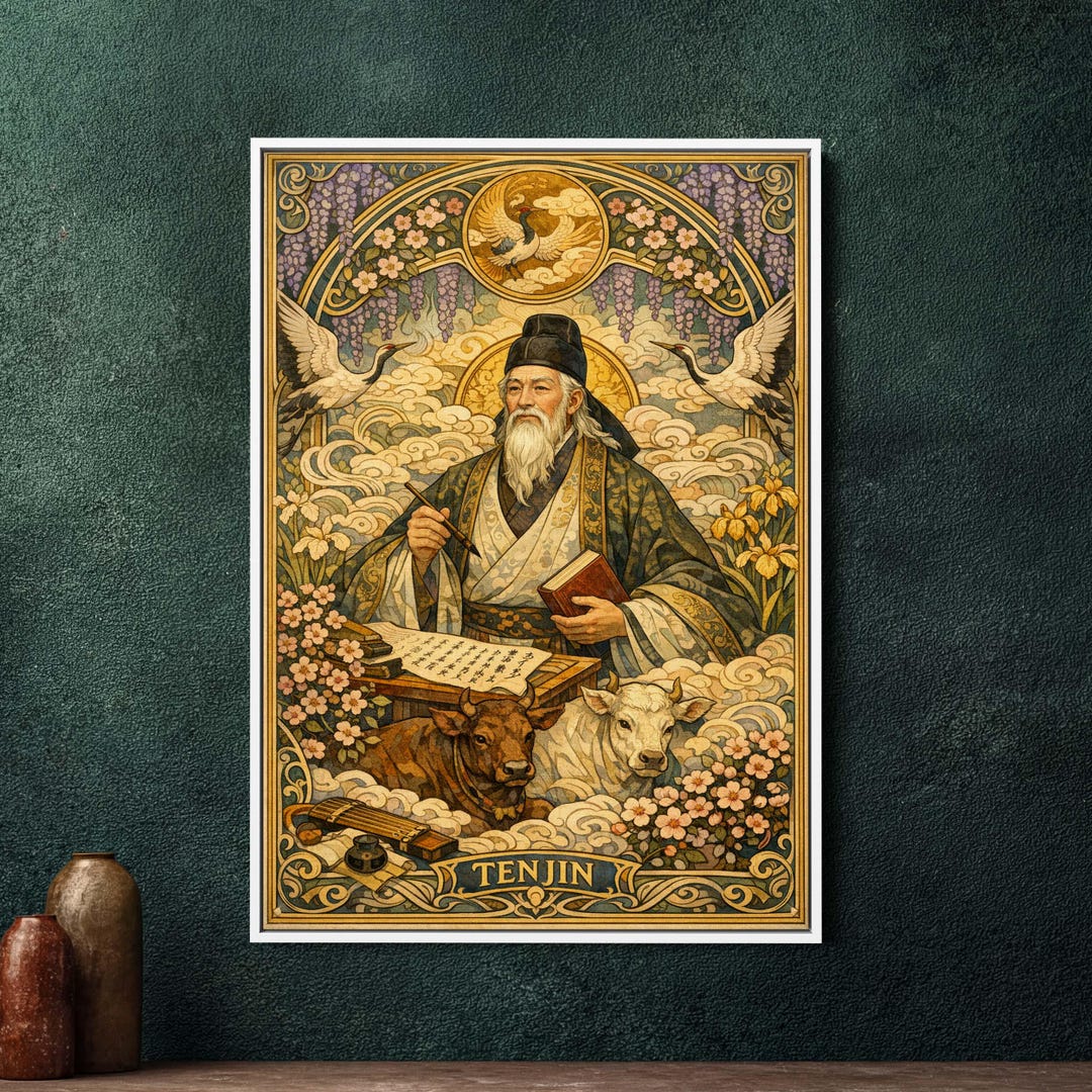 Tenjin Japanese God Art Nouveau Framed Canvas, Large Mythology Wall Art ...