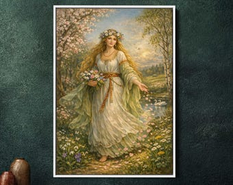 Vesna Slavic Goddess of Spring Framed Canvas Wall Art, Large Mythology Painting, Folklore Spiritual Home Decor