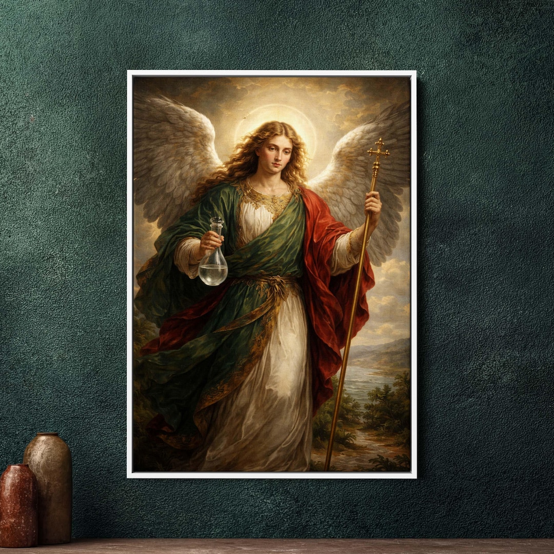 Archangel Raphael Framed Canvas Art, Large Angel Painting Decor ...