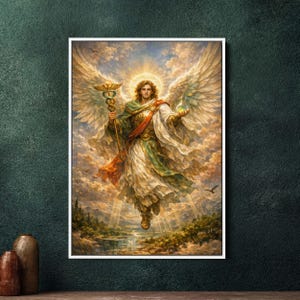 May include: A framed artwork depicting an angel with large feathered wings, holding a golden staff and a glowing vial. The angel is dressed in flowing robes of green, white, and red, set against a backdrop of clouds and a radiant sun. The artwork is displayed on a dark green wall.