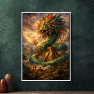 May include: A framed digital art print depicting a vibrant, mythical serpent with a feathered headdress, coiled around a pyramid. The artwork features a rich color palette of greens, oranges, and blues, set against a dramatic sky and ancient ruins.