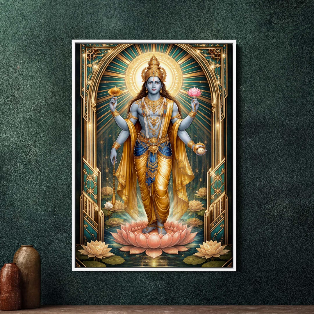 Vishnu Art Deco Framed Canvas Wall Art, Large Spiritual Hindu God Decor ...