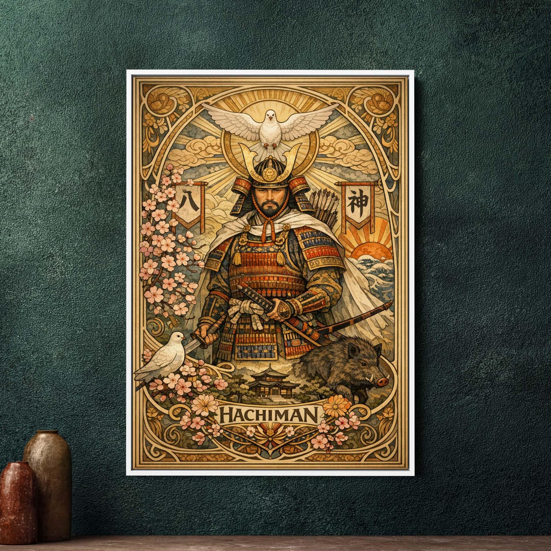 Hachiman Japanese God Art Nouveau Framed Canvas, Large Wall Decor, Art ...