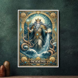 May include: A framed art print featuring a regal figure with a crown, holding a trident and a glowing orb. The artwork is set against a backdrop of ocean waves and ornate gold detailing, with the word "NODENS" at the bottom.