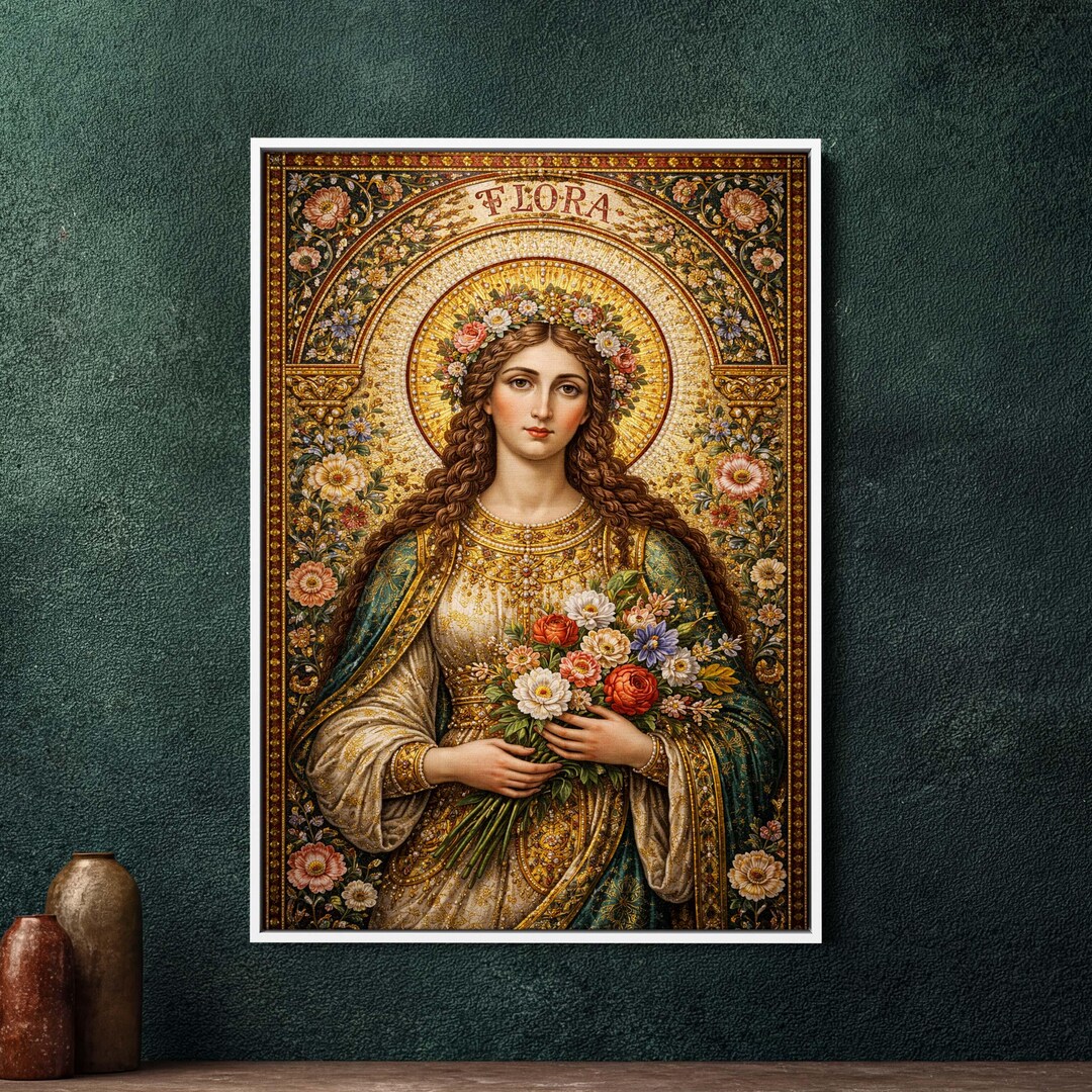 Flora Byzantine Icon Mosaic Framed Canvas Wall Art, Large Gold Floral ...
