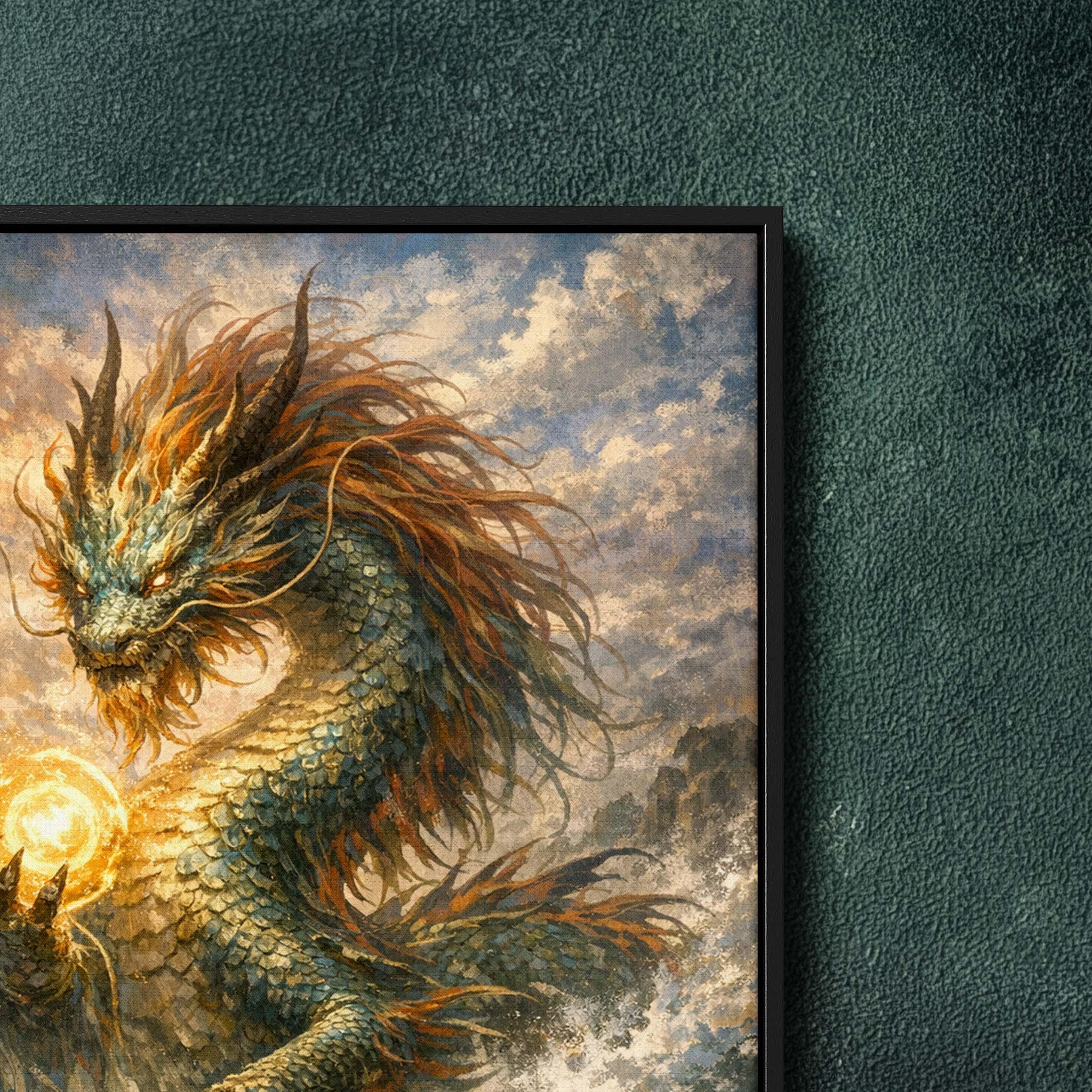 Ryujin Japanese Dragon God Framed Canvas, Large Wall Decor