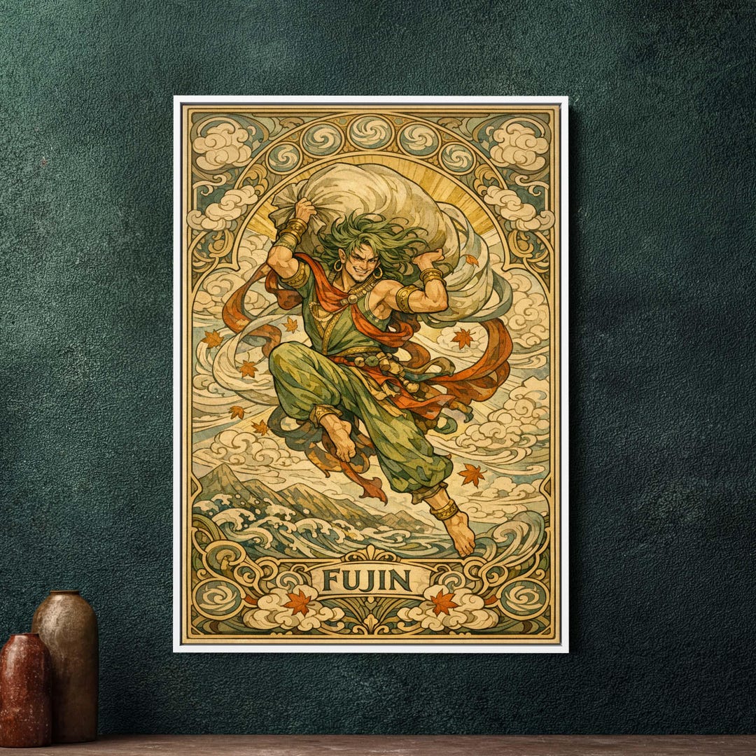 Fujin Wind God Art Nouveau Framed Canvas, Large Japanese Mythology Wall ...