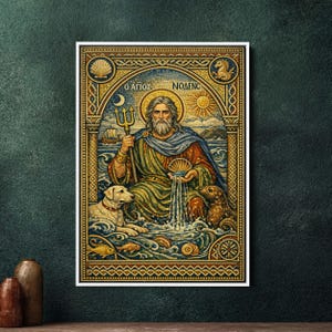 May include: A framed mosaic art print depicting a bearded figure holding a trident and seashell, with a dog and seal. The artwork features a detailed mosaic style with gold, blue, and earth-tone colors. The text "Ο ΑΓΙΟΣ ΝΟΔΕΝΣ" is visible.
