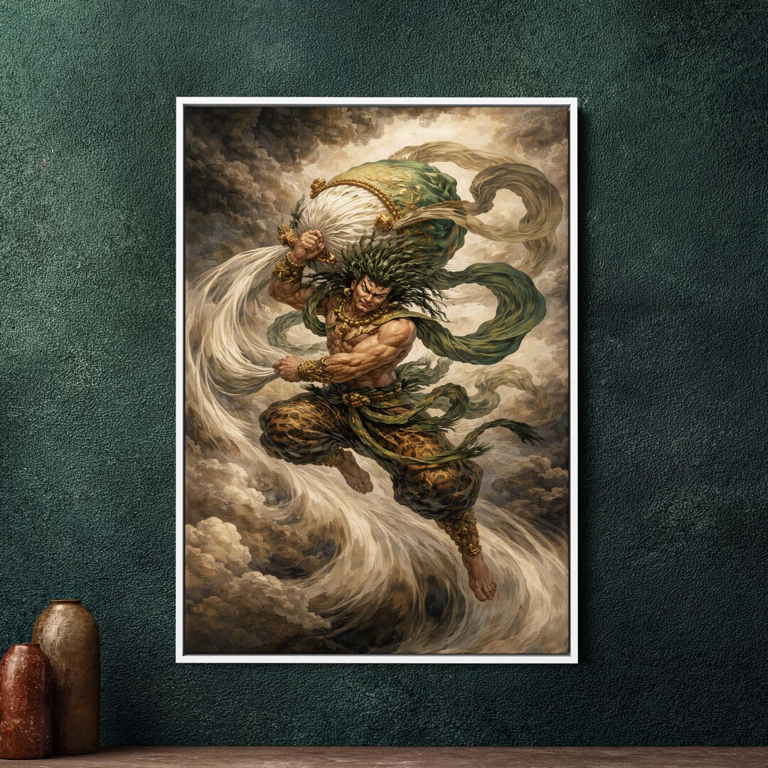 Fujin Japanese Wind God Painting, Large Framed Canvas Wall Art ...