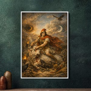 May include: A framed print of a classical painting showing a figure in Roman attire on a white bull, holding a knife. The artwork features a dramatic sky with a sun, moon, and eagle, with a dark green background.