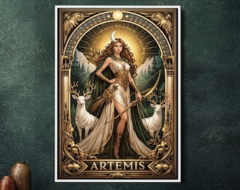 May include: A framed art print featuring a depiction of Artemis, the Greek goddess of the hunt. She is shown with a bow and arrow, wearing a flowing white and gold dress, and a crescent moon in her hair. Two white deer flank her. The word "ARTEMIS" is at the bottom.