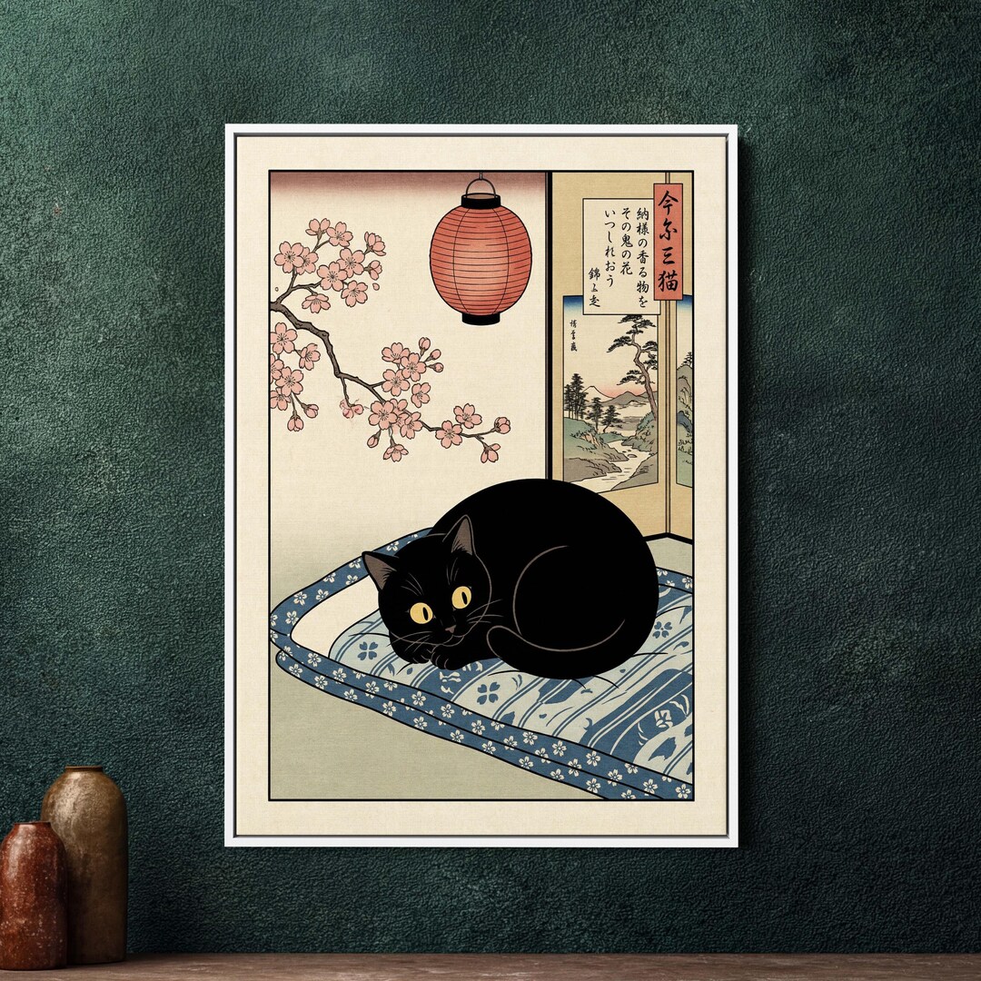 Large Framed Canvas Wall Art Japanese Cat Print, Zen Black Cat ...