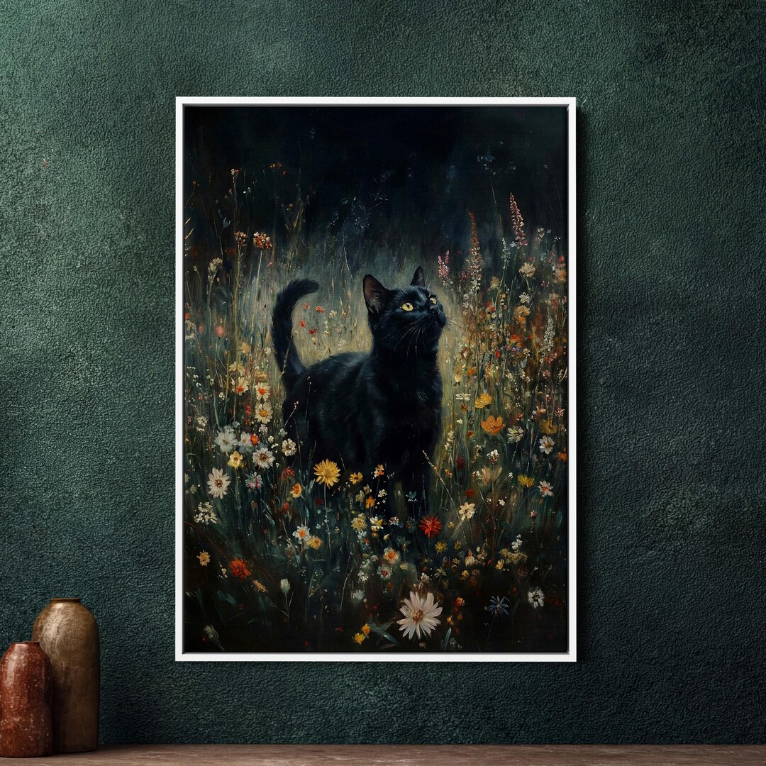 Dark Academia Cat Framed Canvas, Vintage Style Cottagecore Wall Art ...