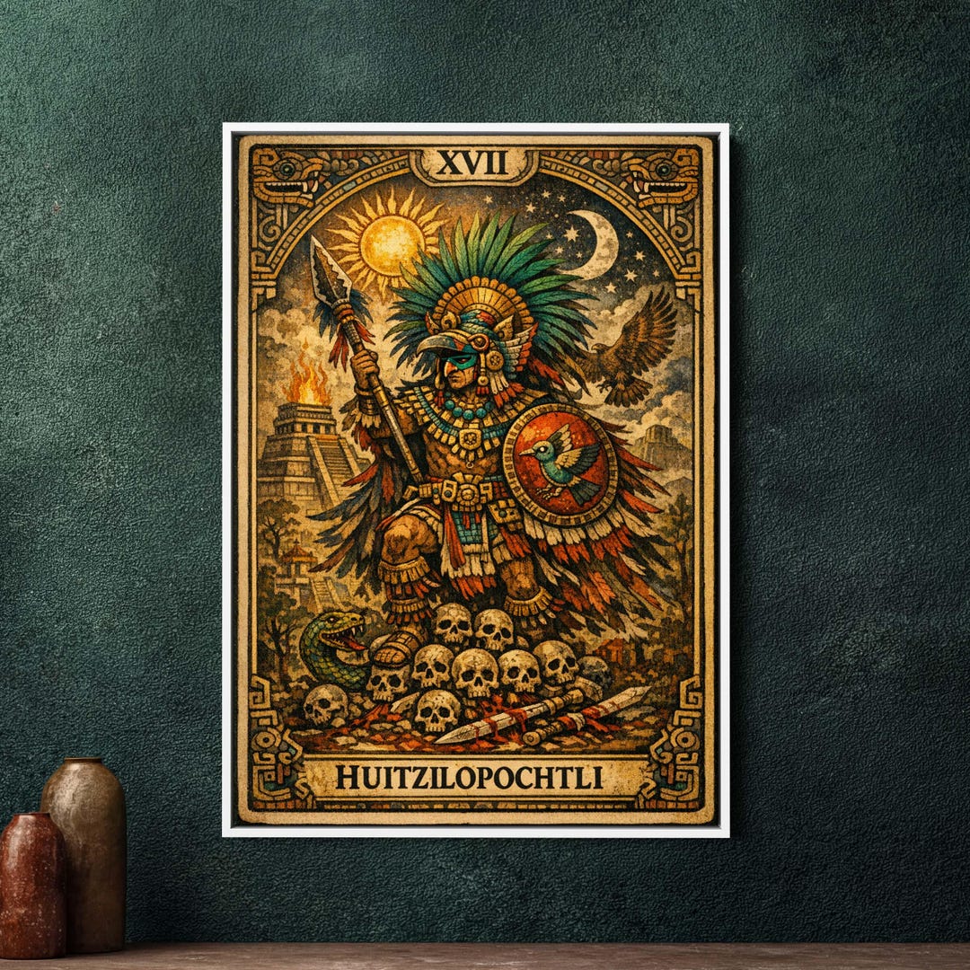 Aztec Wizard Huitzilopochtli Aztec God Tarot Art, Large Framed Canvas Wall Decor ...