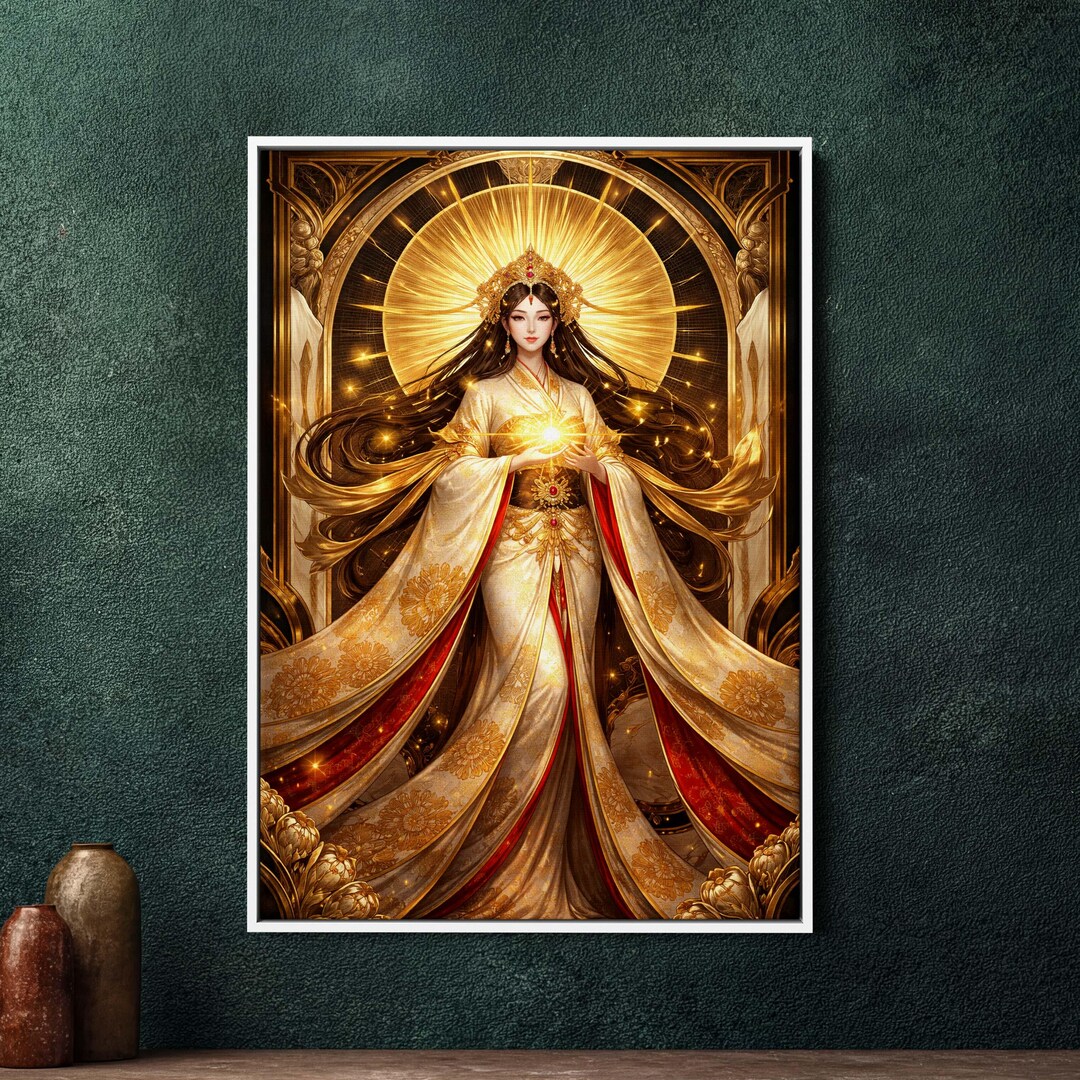 Amaterasu Art Deco Large Framed Canvas, Japanese Sun Goddess Wall Art ...