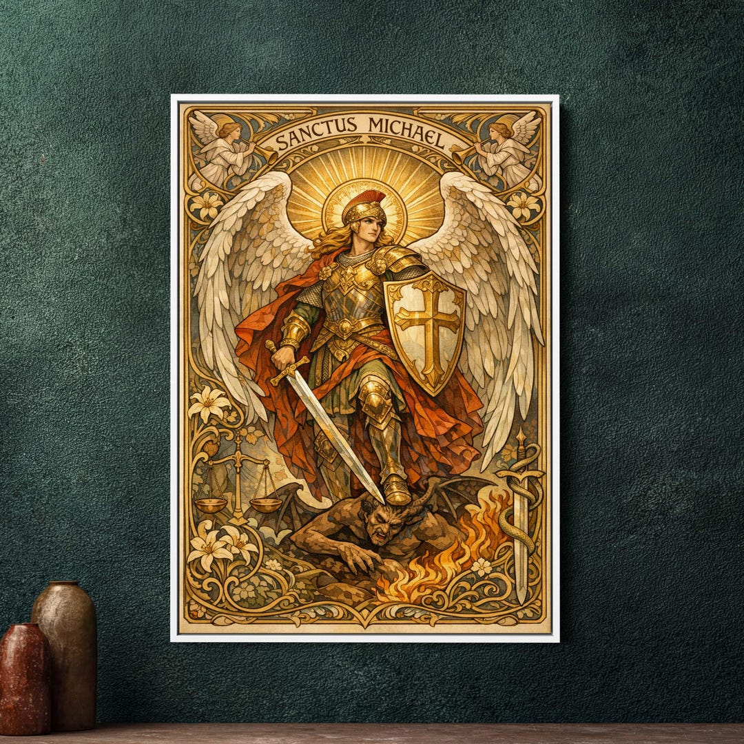 Archangel Michael Framed Canvas Wall Art, Art Nouveau St Michael Print ...