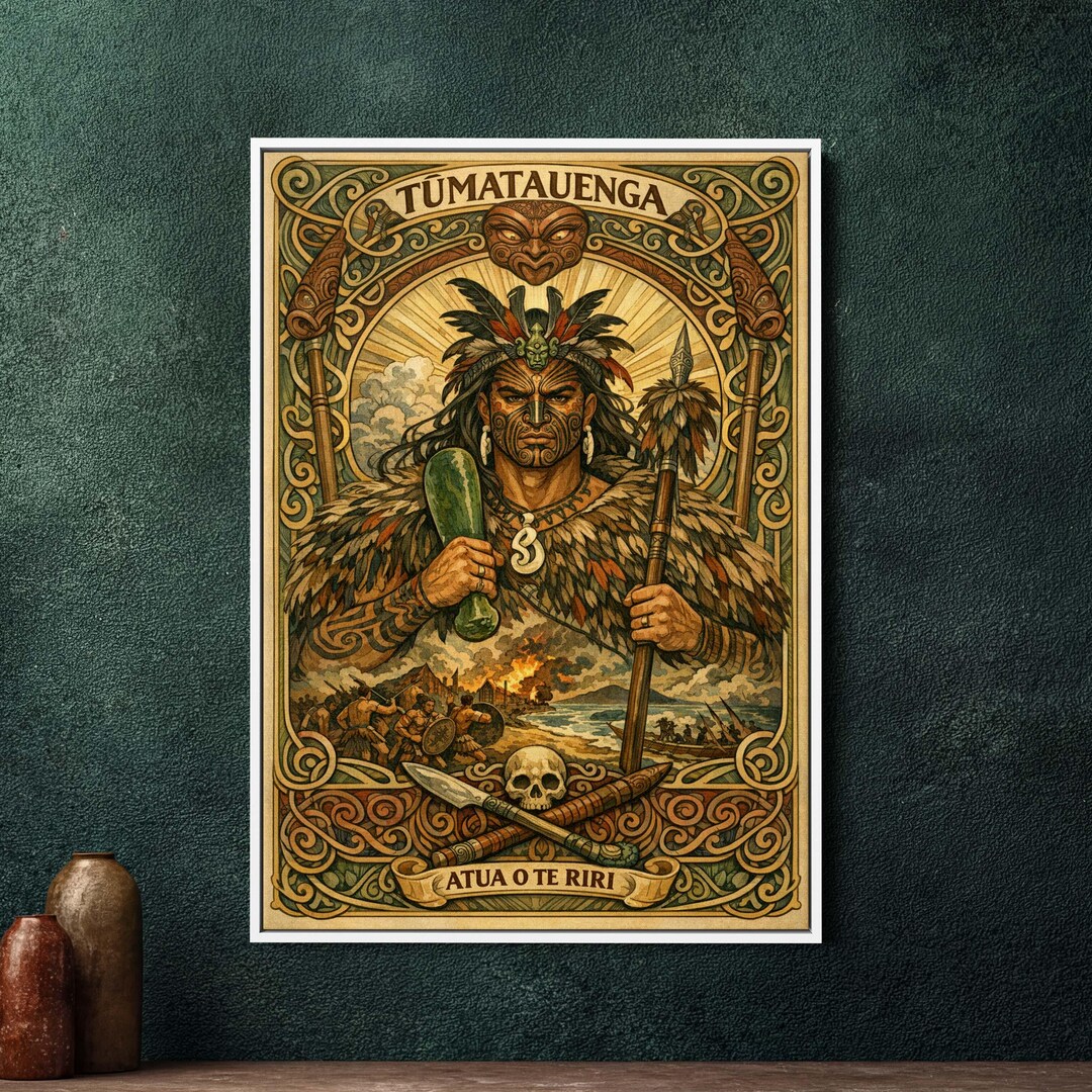 Tumatauenga Maori God Art Nouveau Big Framed Canvas, Large Mythology