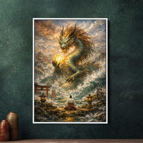 Ryujin Japanese Dragon God Framed Canvas, Large Wall Decor