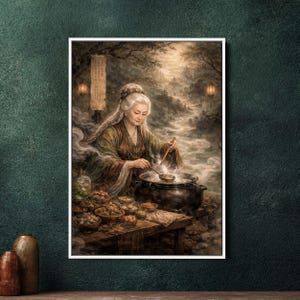 May include: A framed print showing a woman in traditional Asian dress stirring a pot. The scene is set in a misty forest with a river in the background. Bowls of ingredients are on a wooden table. The artwork has a warm colour palette.