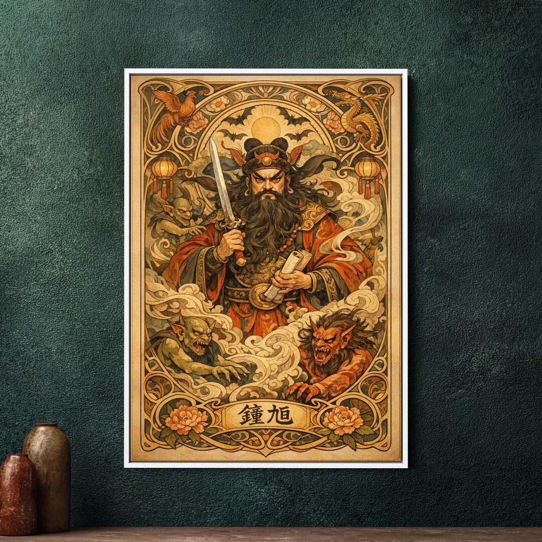 Zhong Kui Art Nouveau Framed Canvas, Large Mythology Wall Art, Art ...