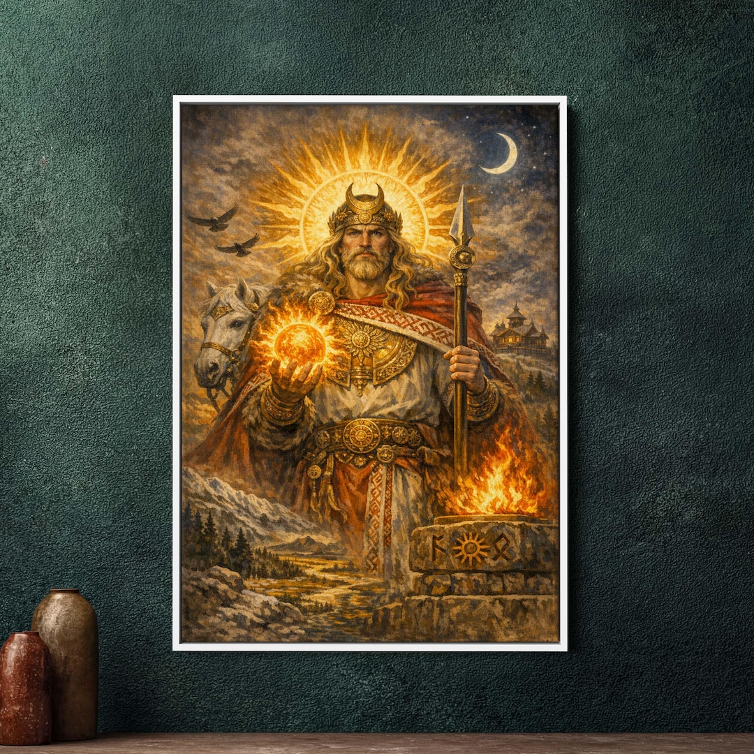 Slavic Sun God Khors Painting, Large Framed Canvas Wall Art, Pagan ...