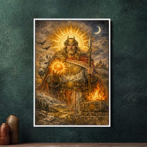 May include: A framed print depicting a regal figure with a golden crown, holding a glowing orb and a spear. The artwork features a radiant sun, a crescent moon, and a horse. The color palette includes gold, red, and earthy tones, creating a mystical and historical theme.