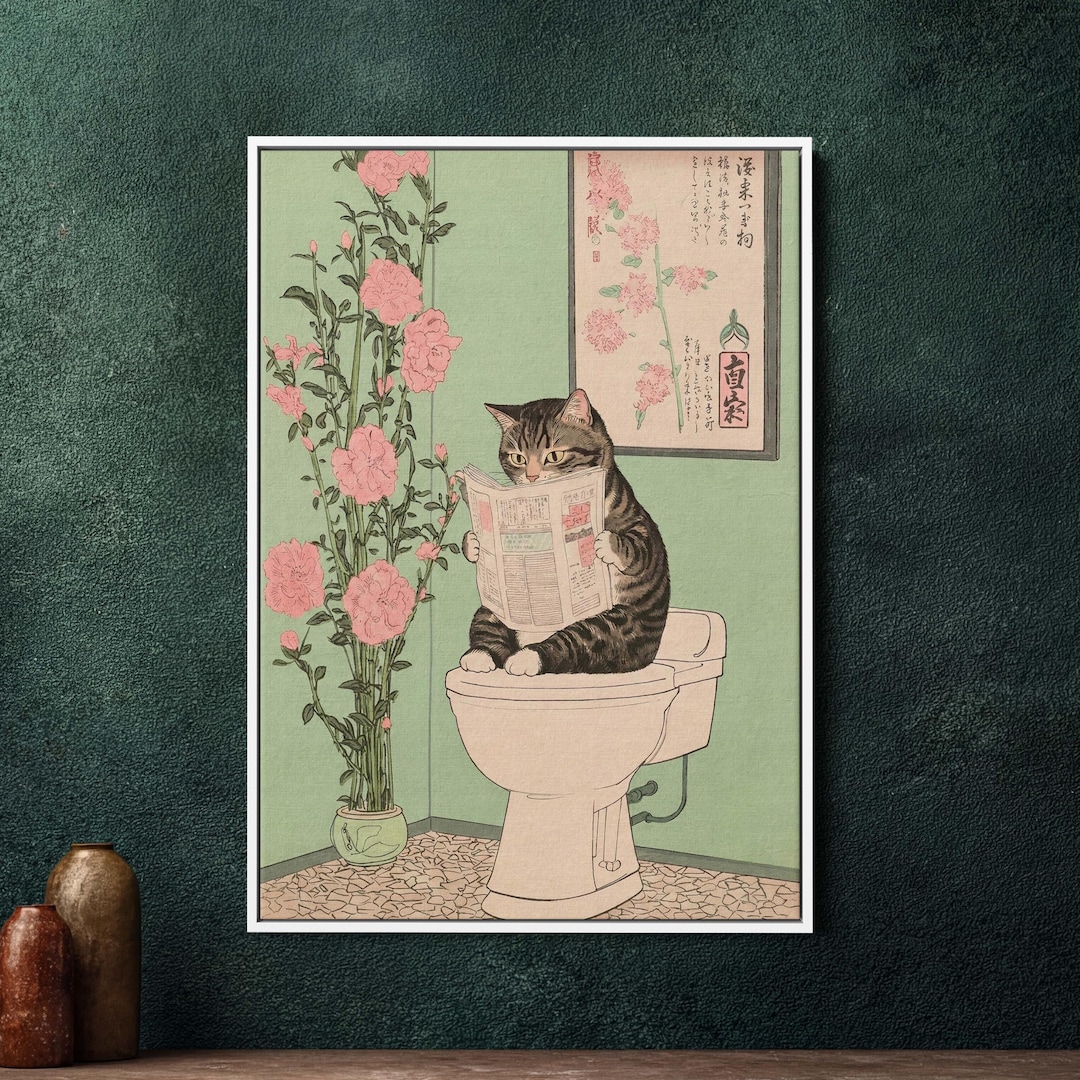 Japanese Tabby Cat on Toilet Framed Canvas, Funny Bathroom Wall Art ...