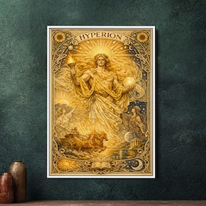 May include: A framed art print depicting Hyperion, a classical figure with golden hair and robes, holding a torch and a glowing orb. The artwork includes celestial elements, a chariot, and the word "HYPERION" at the top.