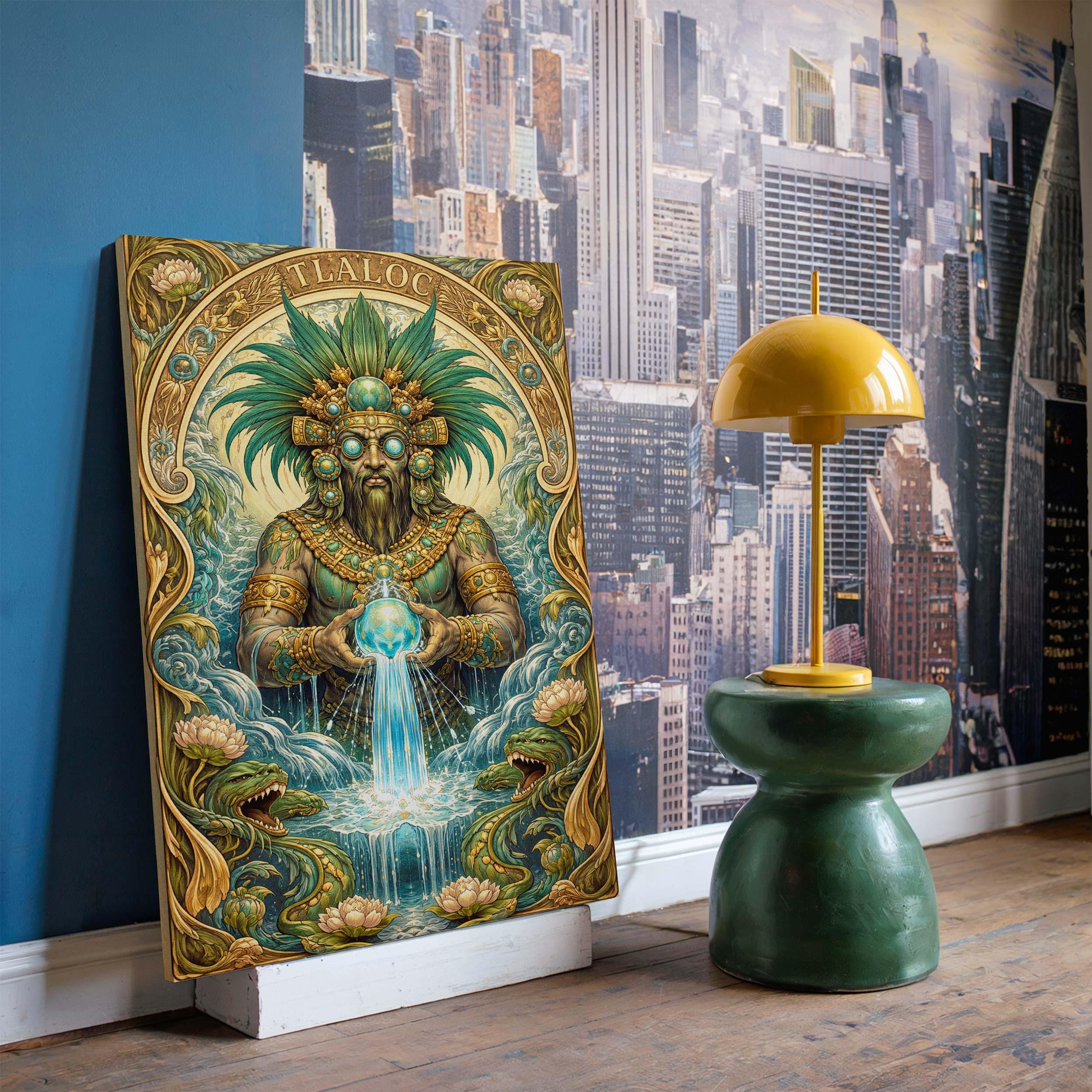 Tlaloc Art Nouveau Framed Canvas Wall Art, Large Aztec God Decor, Art ...