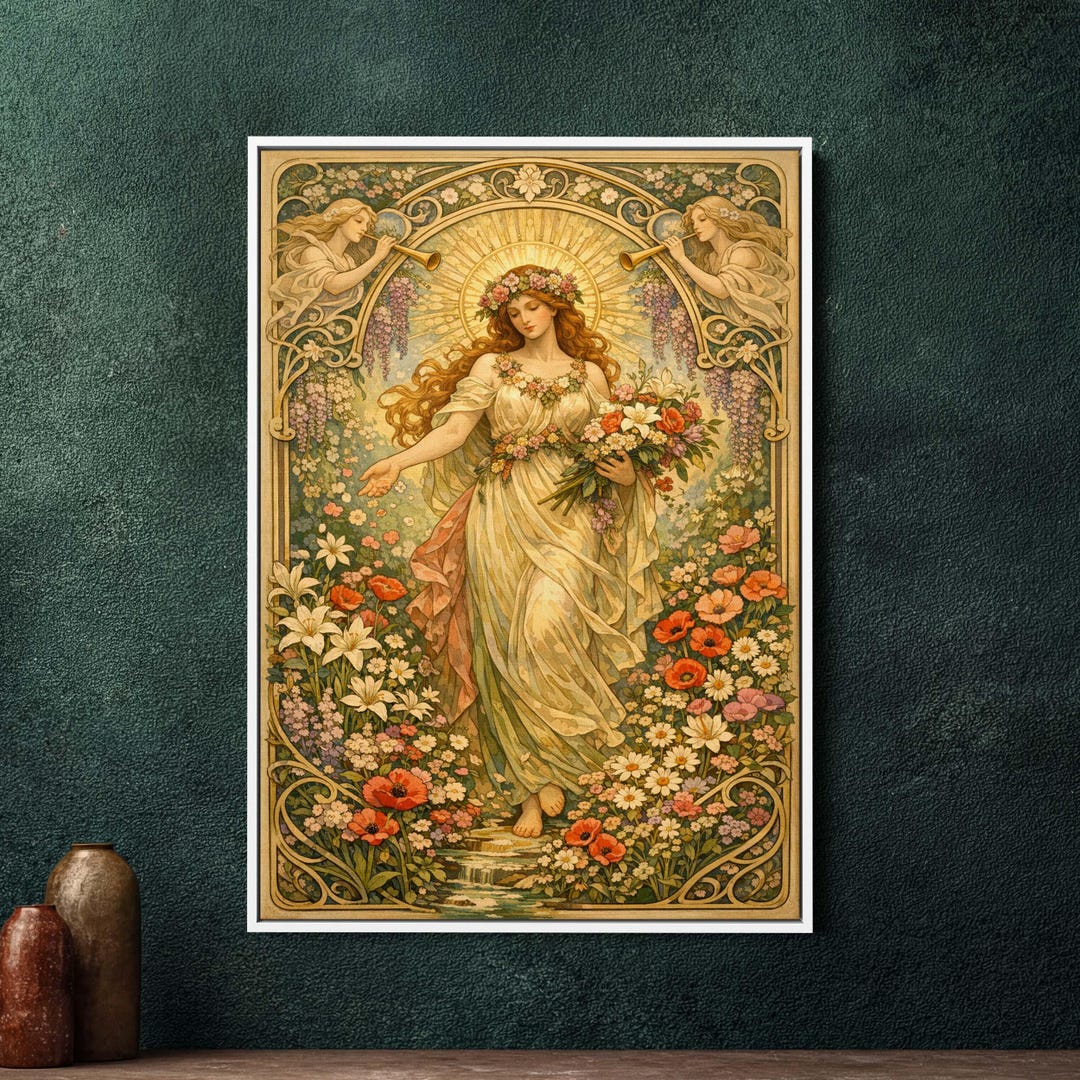Art Nouveau Flora Goddess Framed Canvas Wall Art, Large Art Nouveau ...