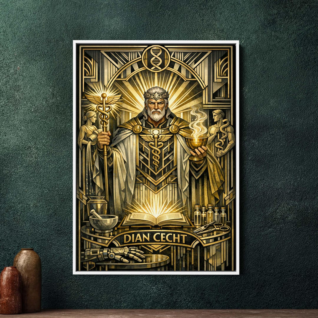 Dian Cecht Celtic God Wall Art, Art Deco Framed Canvas, Large Mythology ...