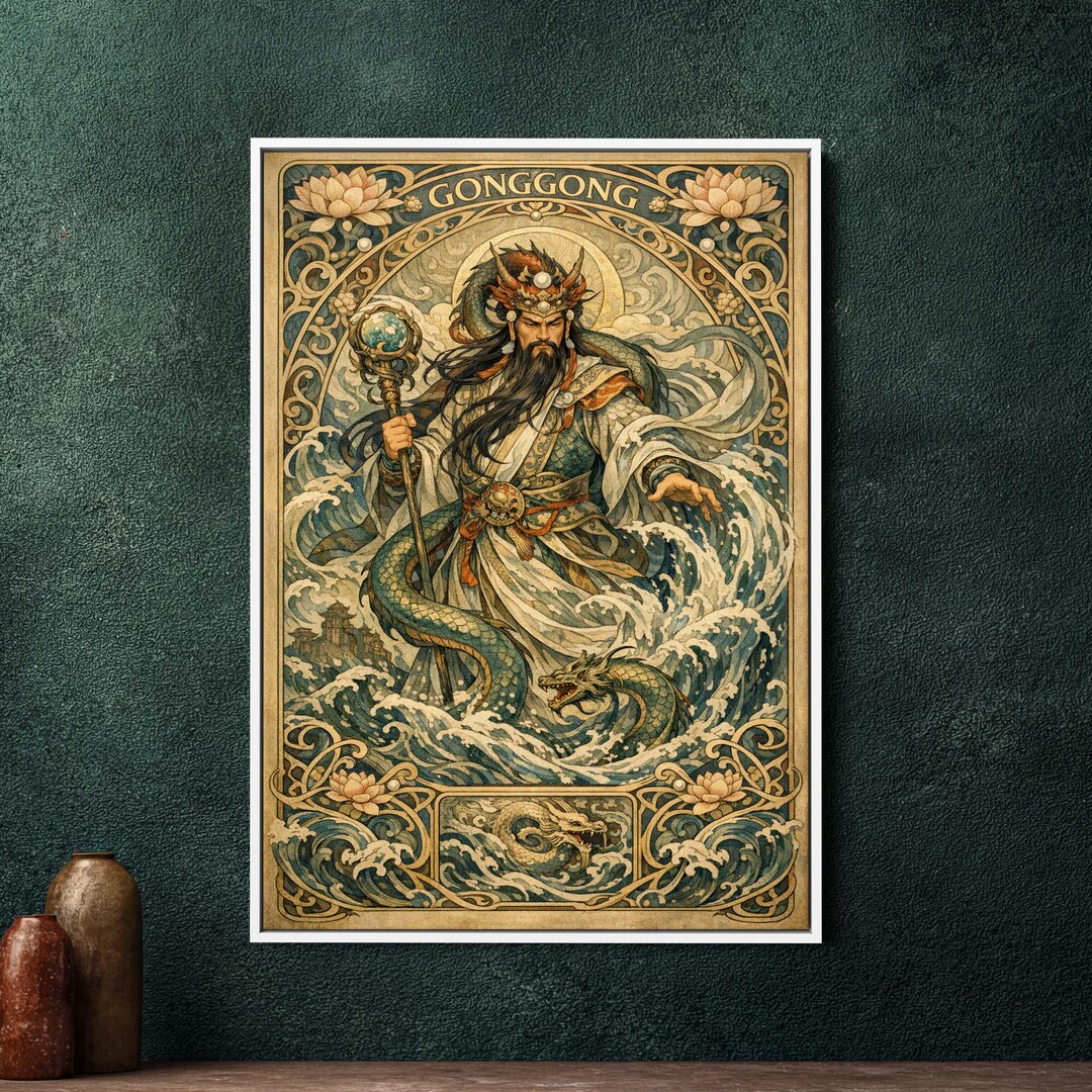 Gonggong Chinese Water God Art Nouveau Framed Canvas, Large Mythology ...