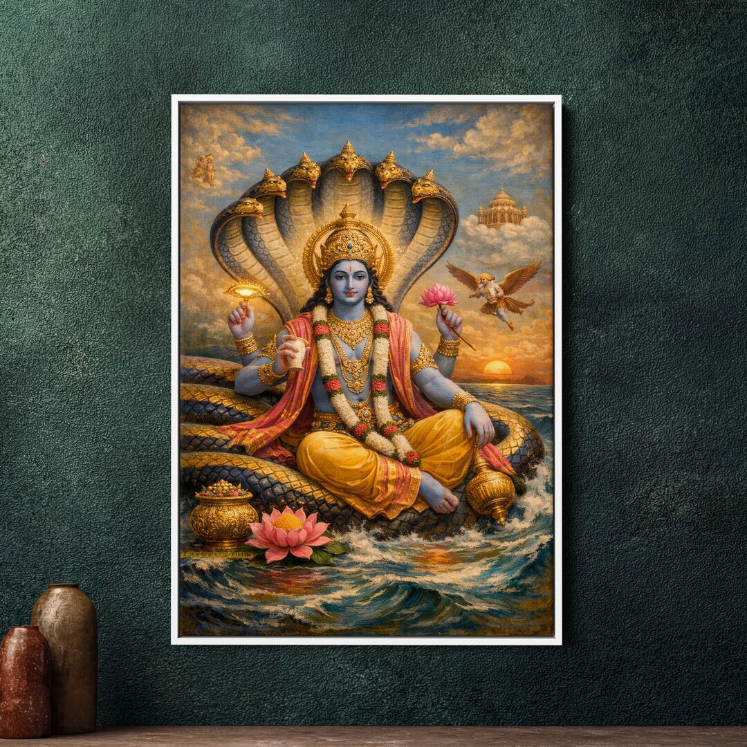 Lord Vishnu Painting Framed Canvas Wall Art, Large Hindu God Home Decor ...