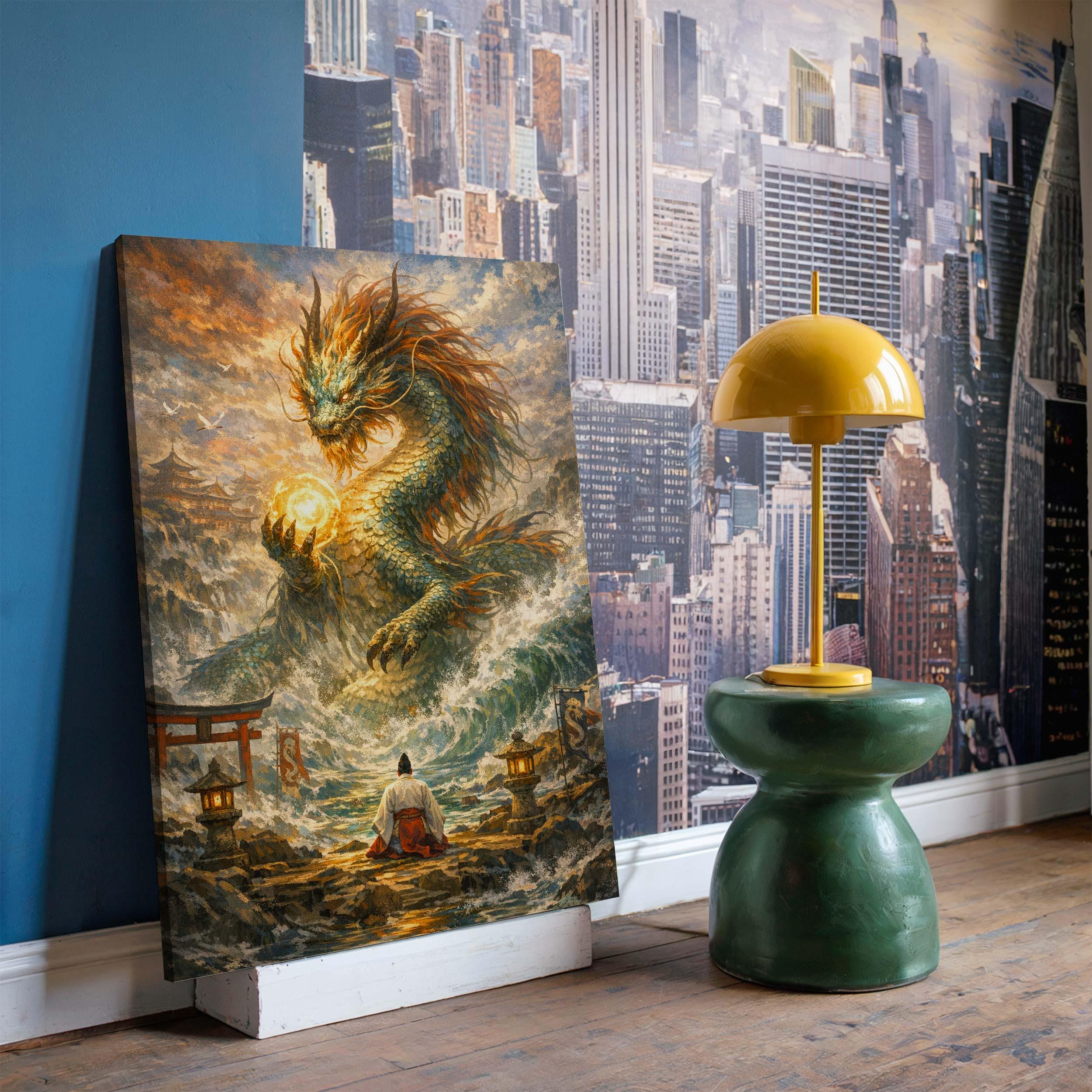 Ryujin Japanese Dragon God Framed Canvas, Large Wall Decor