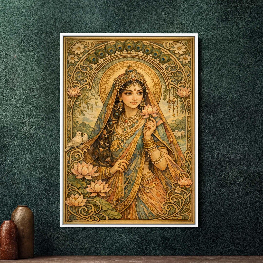 Radha Art Nouveau Framed Canvas Wall Art - Large Art Nouveau Hindu ...