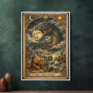 May include: A framed art print featuring a detailed illustration of a dragon with a full moon in its mouth. The artwork includes a woman, candles, and the text "THE BAKUNAWA". The color palette includes blues, greens, and golds.