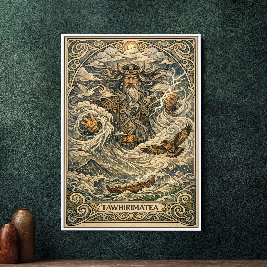 Tāwhirimātea Art Nouveau Framed Canvas - Large Maori God Wall Art ...