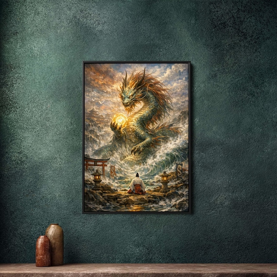 Ryujin Japanese Dragon God Framed Canvas, Large Wall Decor