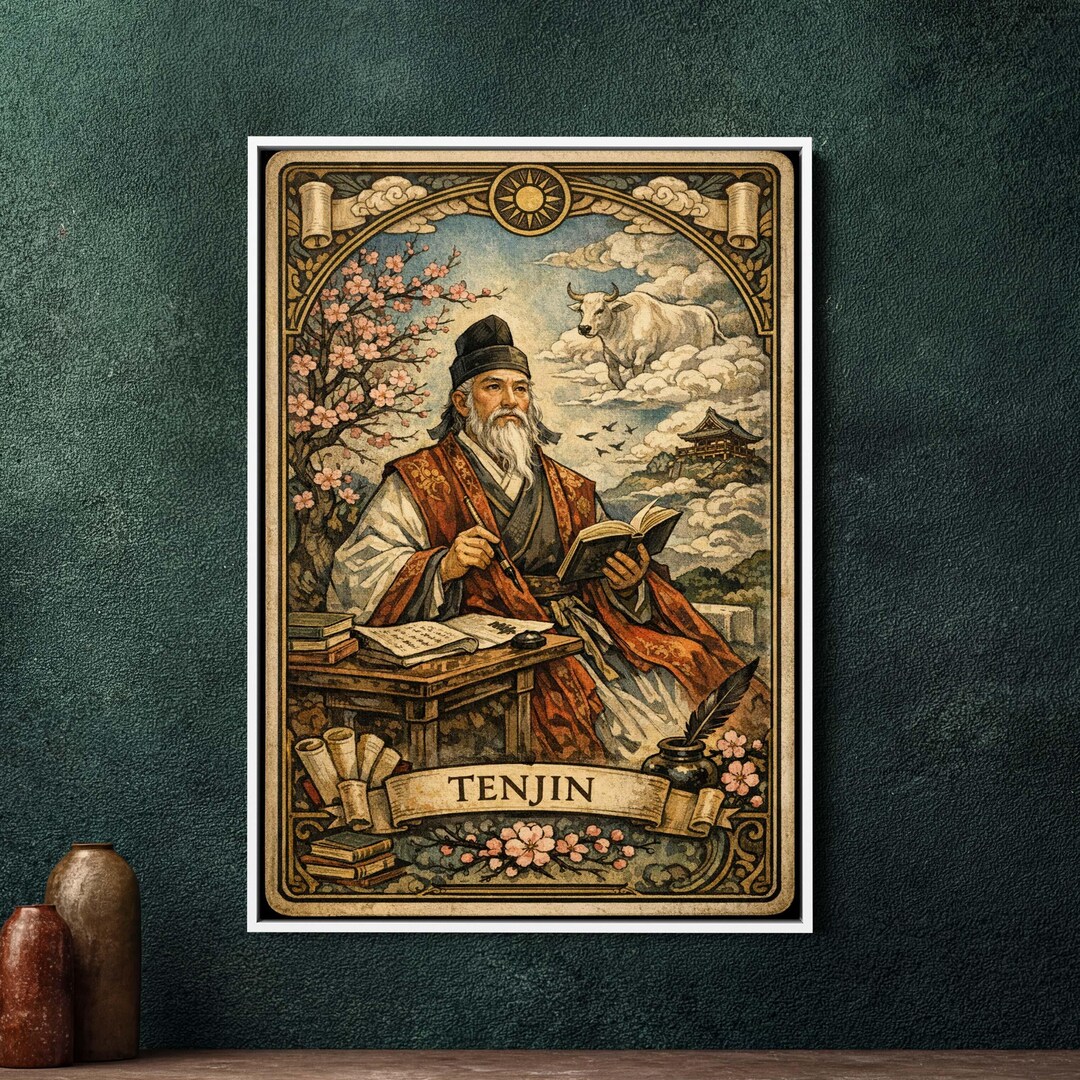 Tenjin Japanese God Tarot Card Art, Large Framed Canvas Wall Decor ...