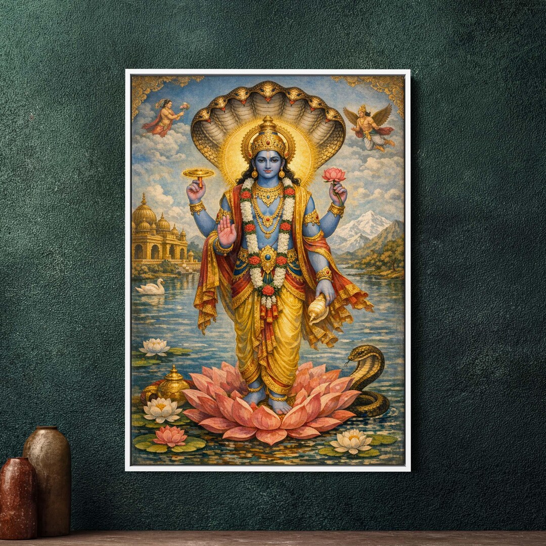 Lord Vishnu Painting Framed Canvas Wall Art, Large Hindu God Spiritual ...