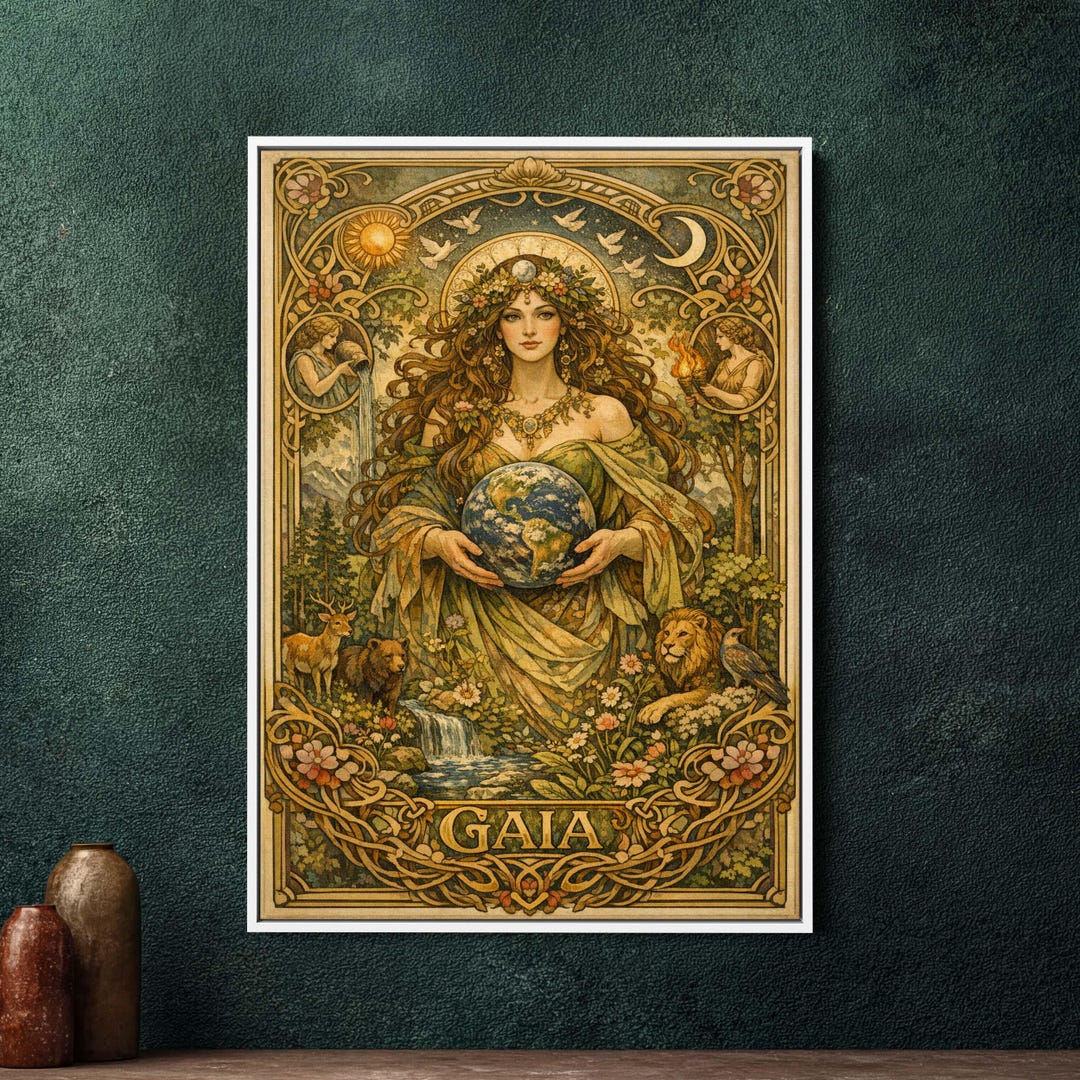 Gaia Art Nouveau Framed Canvas Wall Art - Large Earth Goddess Print ...