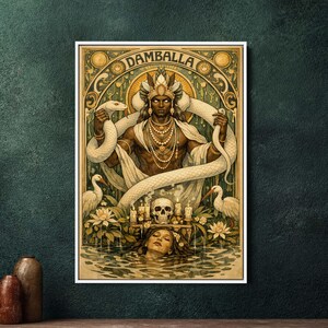 Damballa Art Nouveau Framed Canvas Wall Art - Large Art Nouveau Snake Decor - Mythological Python Print for Living Room