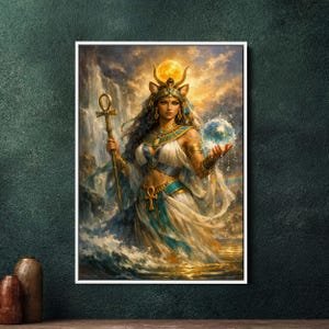 May include: A framed digital art print depicting an Egyptian goddess. She wears a gold headdress with a sun, holding an ankh staff and a glowing orb. The artwork features a waterfall backdrop with a rainbow, and the goddess is dressed in white and teal robes.