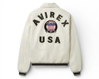 Men's White Avirex Real Leather Bomber Jacket American Flight Leather Jacket