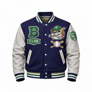 May include: A navy blue and white varsity jacket with a green and white striped collar, cuffs, and hem. The jacket features a large green "B CLUB" patch, a bulldog mascot patch, and a baseball and crossed bats patch. The sleeves are white.